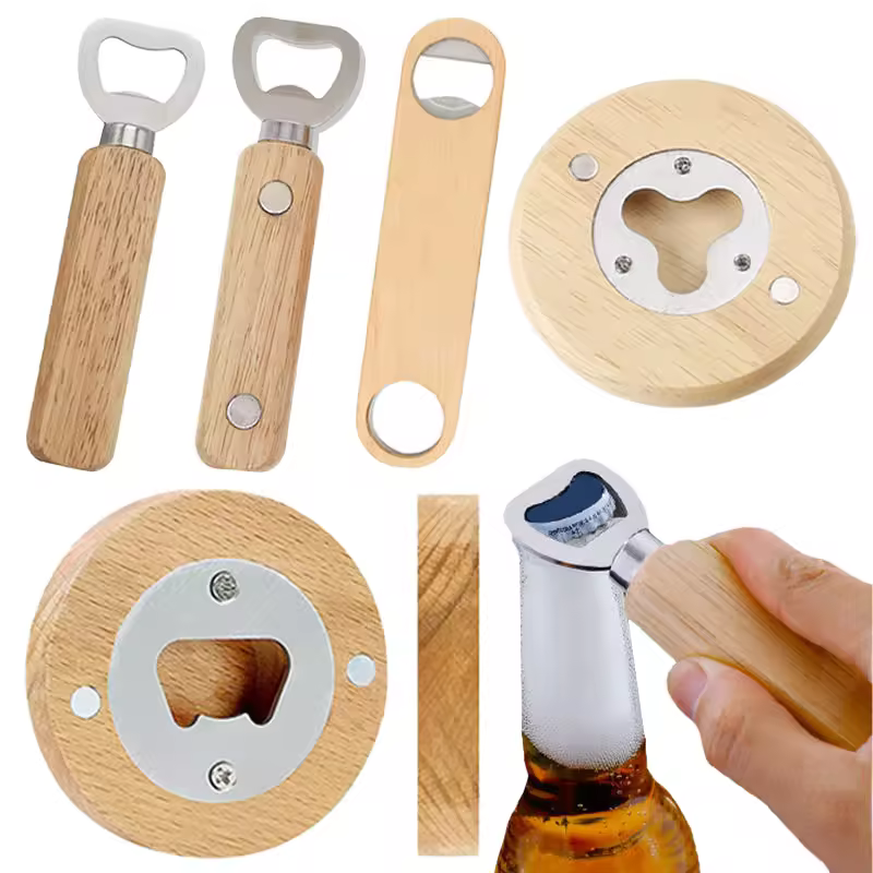 Oem Logo Portable Stainless Steel Flat Manual Beer Bottle Opener With Adsorbable Wooden Handle Customizable Home Bar Use Openers