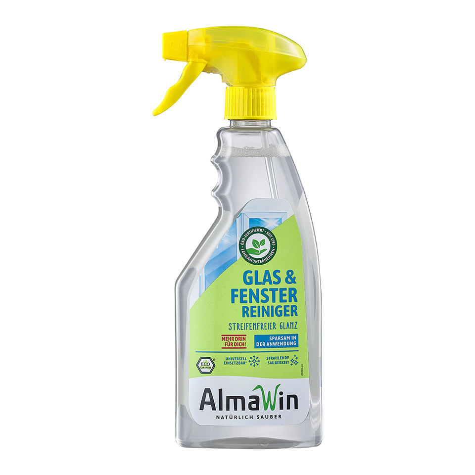 AlmaWin Brand Glass & Window Cleaner 500ml Spray For Streak-Free Cleaning Vegan Shine Mirrors Brilliant Glass Organic Detergent