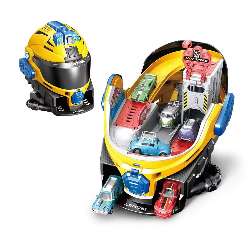 Multifunctional Race Track Toy Creative Helmet Deformed Parking Lot Light Music Plastic Children Toy Parking Garage Toys For Kid