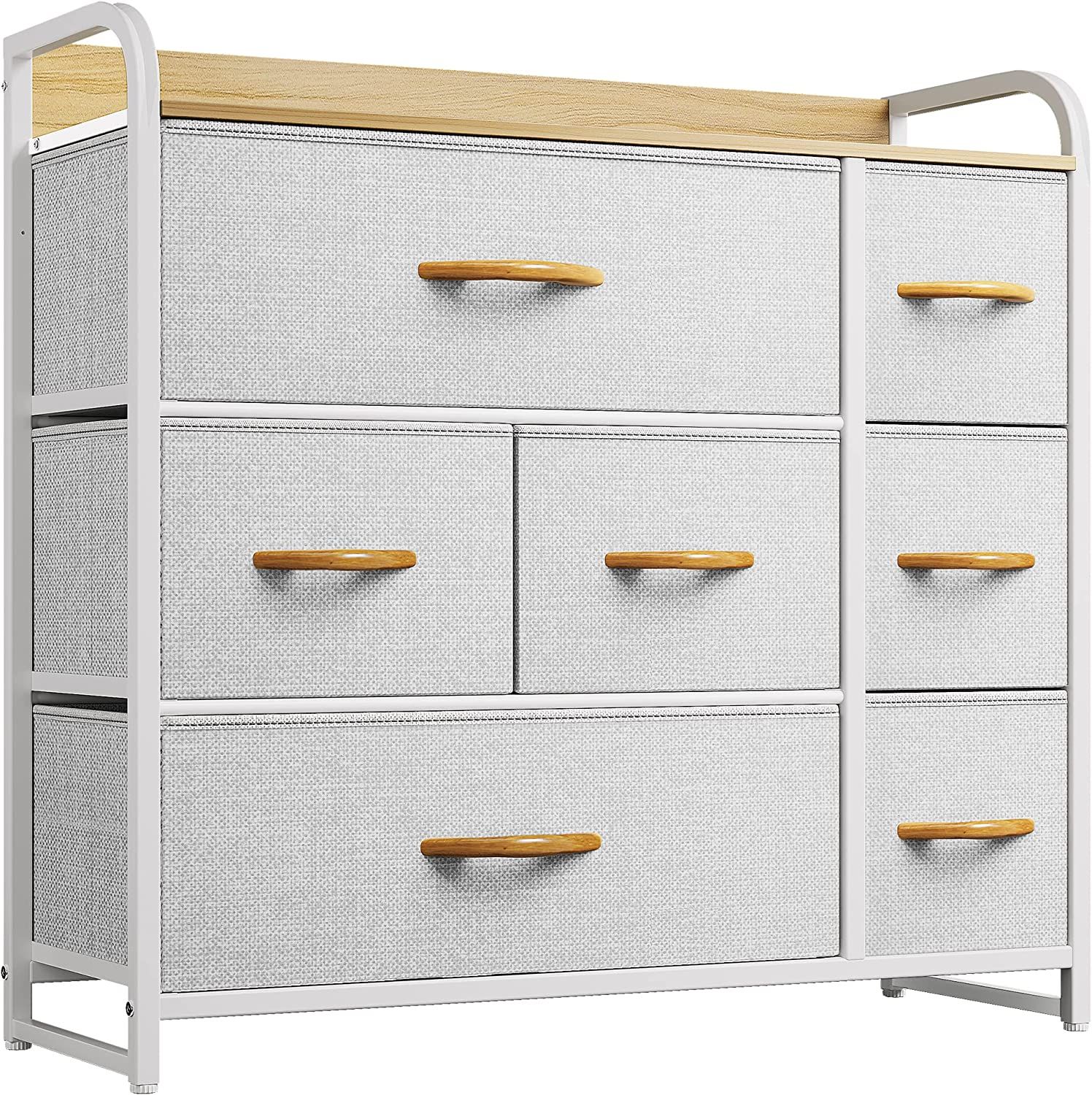 Wooden Dresser with 7 Drawers - Fabric Storage Tower, Organizer Unit