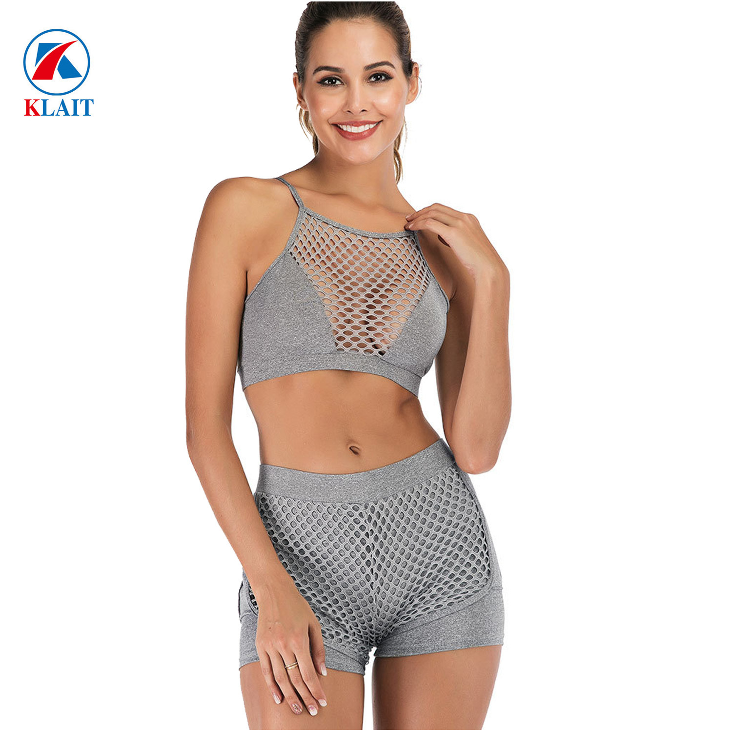 Ladies Grey Mesh Racerback High Shockproof Gym Workout Sports Yoga Bra Set Seamless Activewear