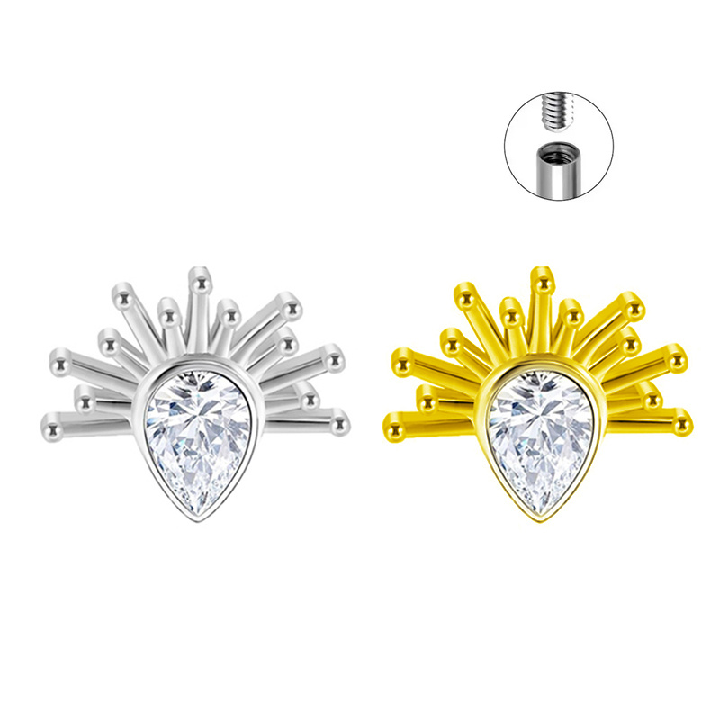 Hot Sell ASTM F136 Titanium Flat Back Piercing Water Drop Zircon Sun Cartilage Tragus Labret Piercing Body Jewelry