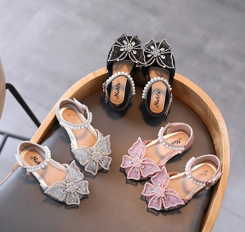 Summer Girls Sandals Fashion Sequins Rhinestone Bow Girls Princess Shoes Baby Girl Shoes Flat Heel Sandals Size 21-35