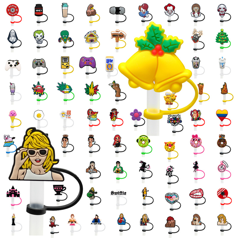 8mm Factory Direct Wholesale Customization 2D Cartoon Logo Fashion Silicone Glass Straw with Charm