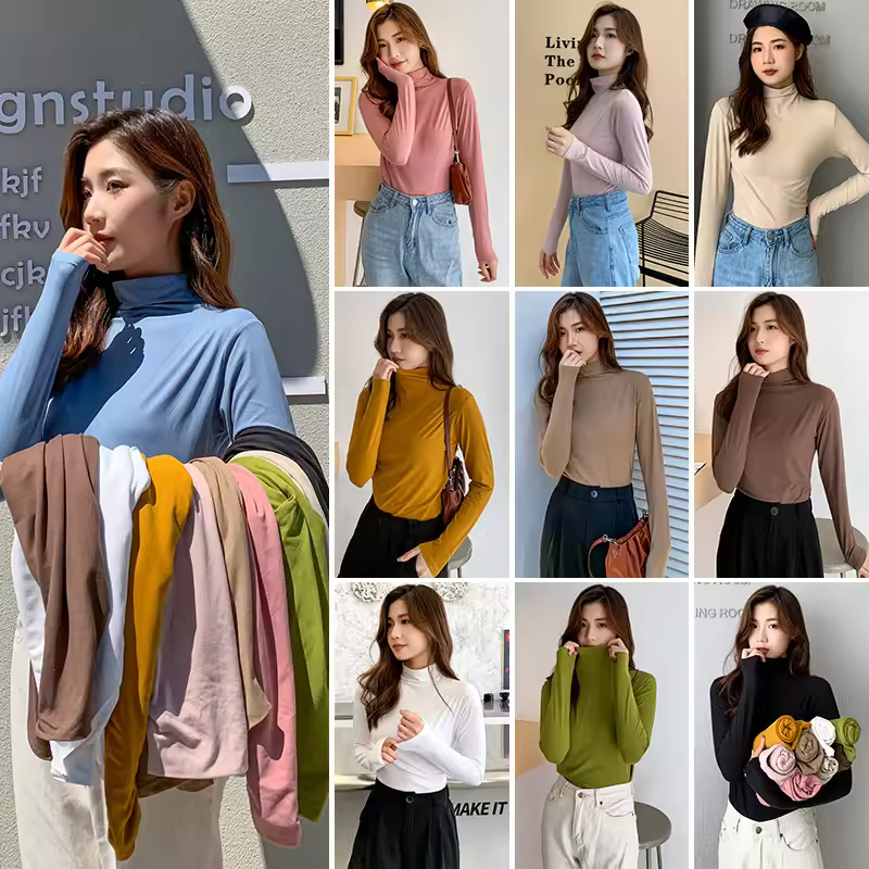 Autumn Winter Basic Top Women's Long Sleeve Turtleneck T-shirts Solid Slim Fit Modal Lady Undershirts Bottom Shirt