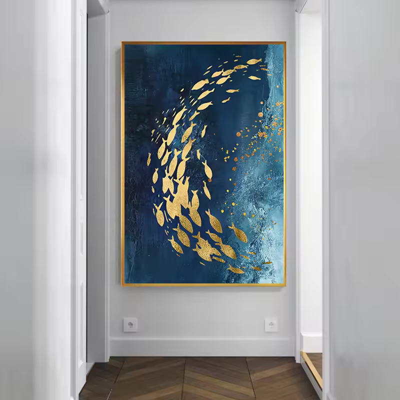 Abstract Gold Fish Chinese Canvas Painting Big Blue Poster Print Luxurious Wall Art For Living Room Aisle Gold Tableaux Picture
