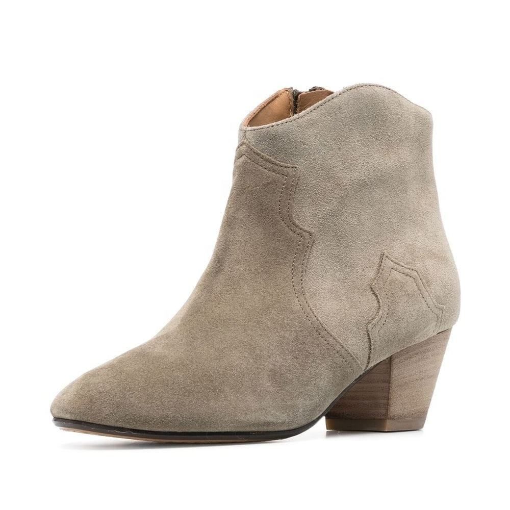 Genuine Leather OEM Trend Wholesale Office Round Toe Block Stacked Heel Suede Western Over Ankle Boots Plus Size Shoes