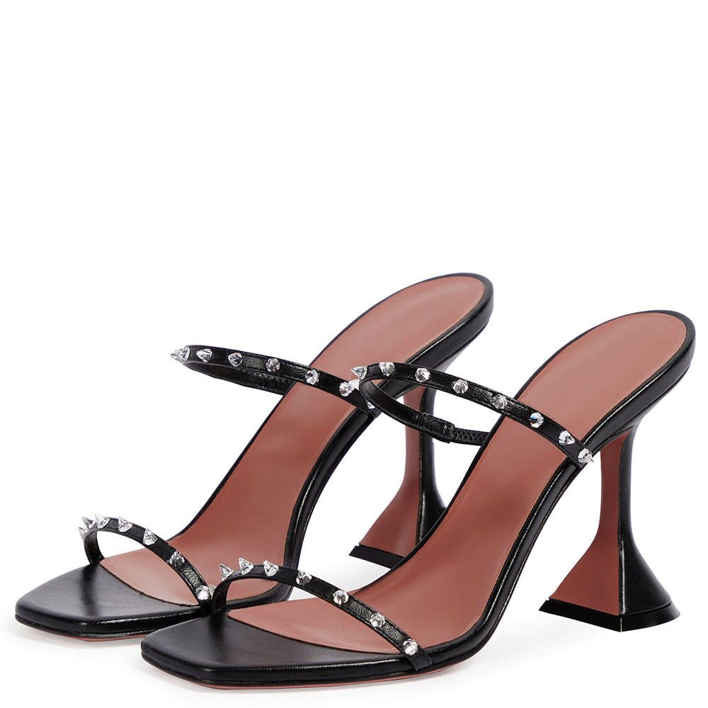 Mules Slip on Square Toe Heeled Sandals Black Leather with White Crystal Studded Straps Party Shoes for Women