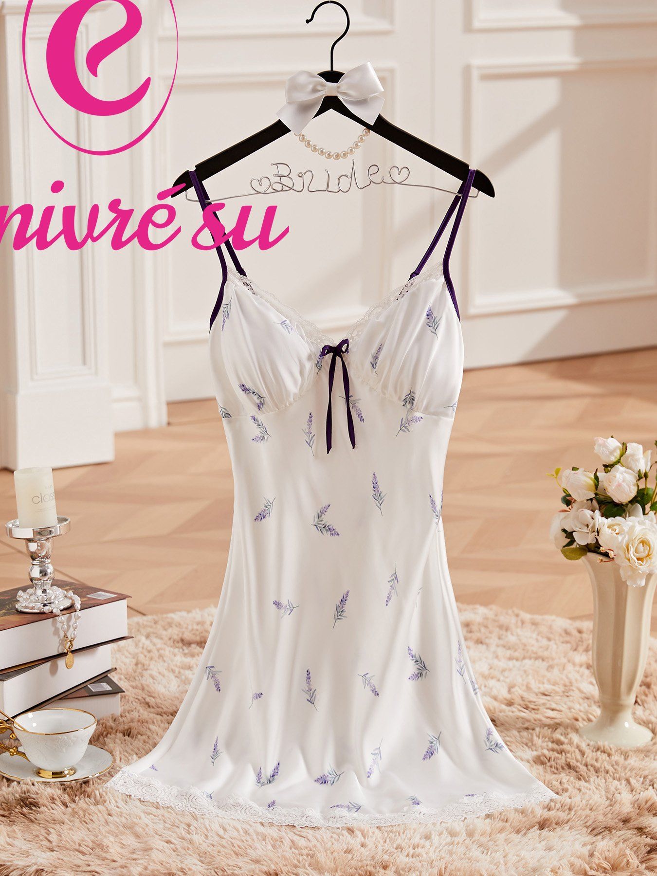 Hot Sell Sexy Sleepwear Women Silk Satin with Lace Trim Split Night Dresses with Thongs Set