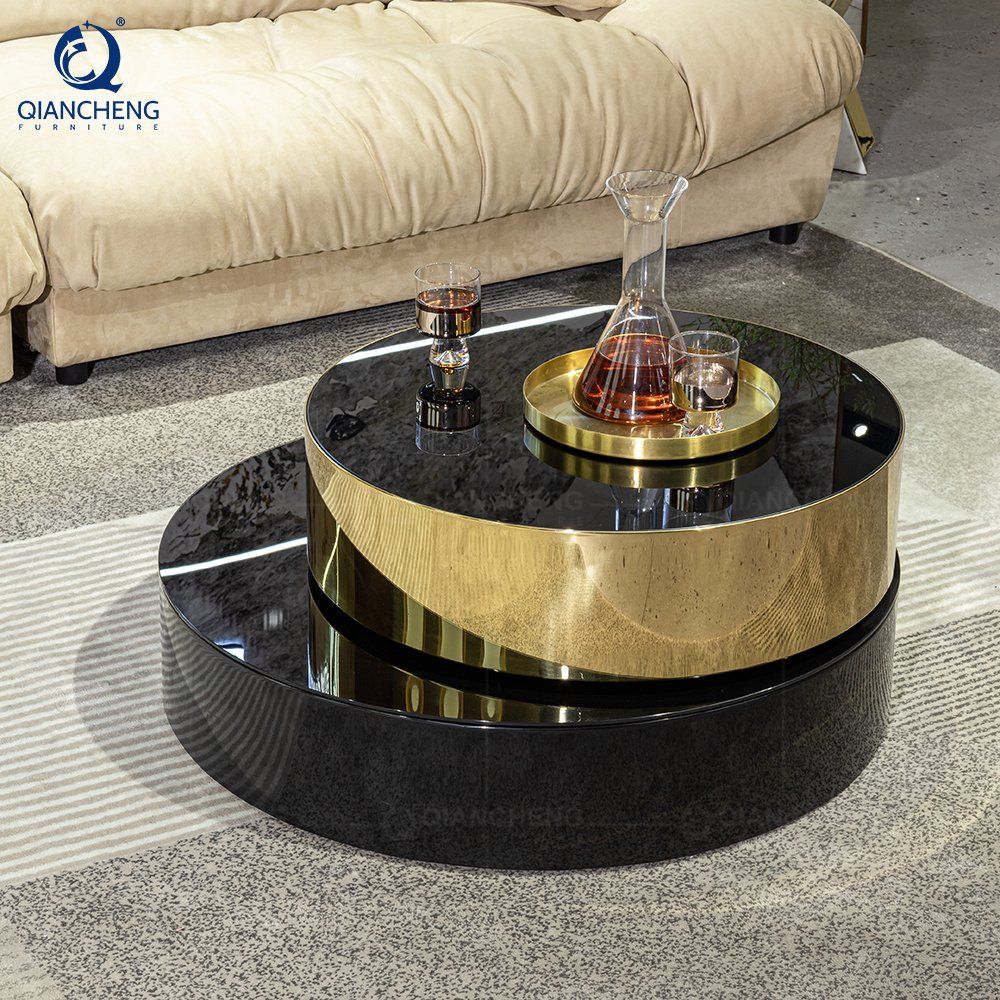 Modern Luxury Round Rotating Coffee Table with Tempered Glass and Metal Frame Living Room Furniture