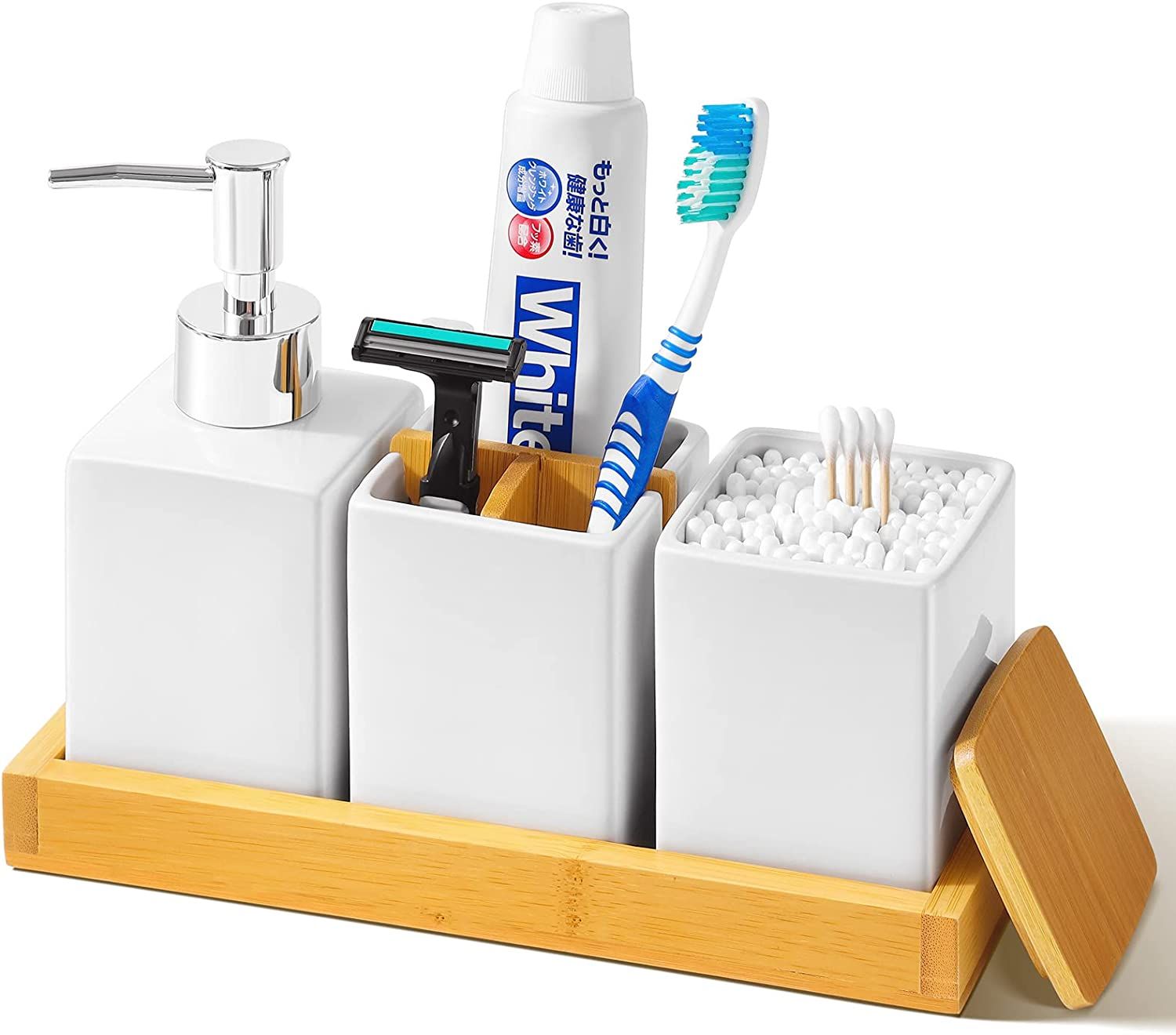 White Ceramic Sustainable 4 PCS Bathroom Accessory Set with Wooden Tray