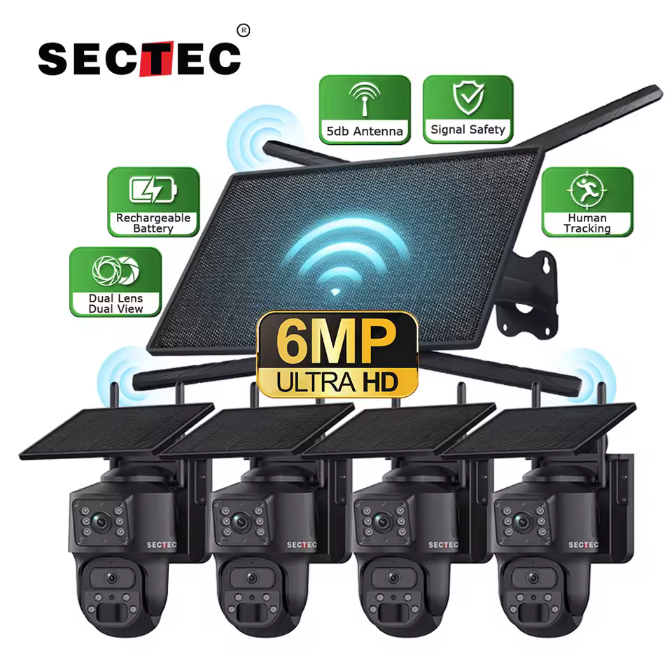 Sectec 6mp Dual Lens Wifi Kits 10w Solar 4g Router Battery Security Home Two Way Audio Ip66 Cctv System Ptz Solar Network Camera