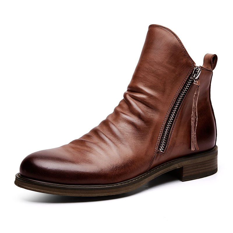 Latest Men's Ankle Zipper Dress Shoes Fashion Footwear Vintage Chelsea Knight Boots Big Size 48 Casual Leather Boots for Men