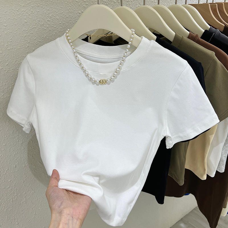 Fashion Summer Tight High Waist American Hot Girl Top 210GSM 92 Cotton 8 Spandex Slim Fit Short Sleeve T-Shirt Women's Crop Top