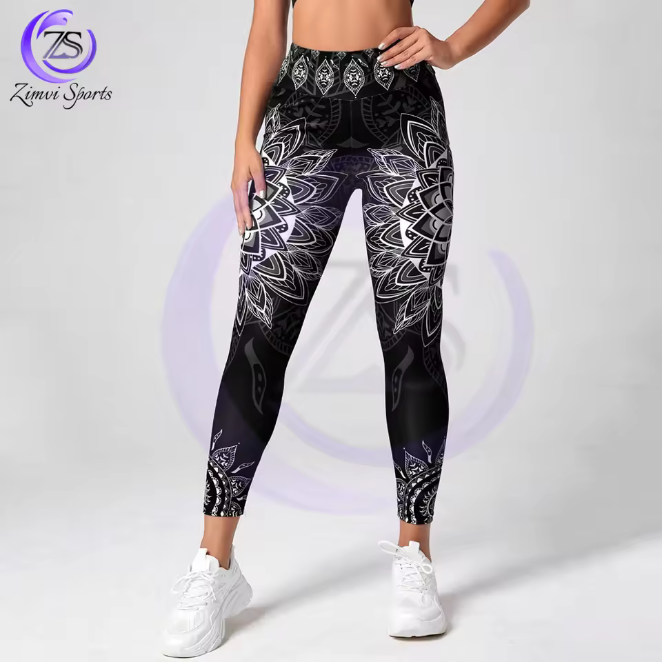 2025 Eco Friendly Soft Touch Material Outer Wear Sport Studio Mandala Print Yoga Leggings Wideband Waist Gym Leggings