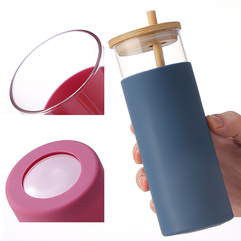 Water Bottle Glass with Wooden Cap Tumbler with Silicone Protective Sleeve and Bamboo Lid BPA Free