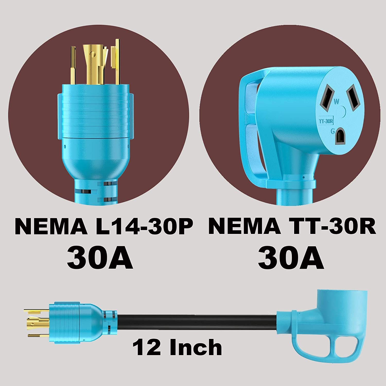 12 Inch 30AMP to 50AMP RV Electrical Adapter Power Cord