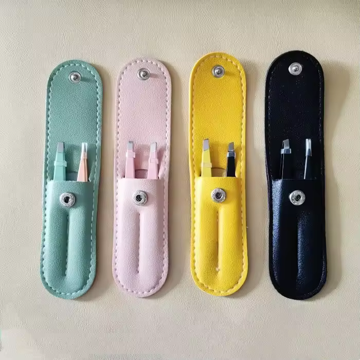Wholesale Stainless Steel Portable Travel Gift 2pcs Slanted Pointed Pink Eyebrow Tweezers With Pu Bag